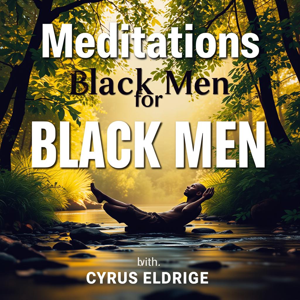 A serene and contemplative scene featuring a Black man sitting peacefully in nature, surrounded by lush greenery and a gentle stream