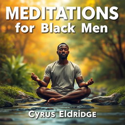 A striking, realistic thumbnail depicting a serene scene of a Black man sitting in a meditative pose, surrounded by lush greenery and a gentle stream