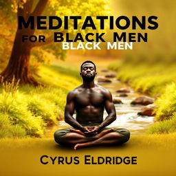 A striking, realistic thumbnail depicting a serene scene of a Black man sitting in a meditative pose, surrounded by lush greenery and a gentle stream