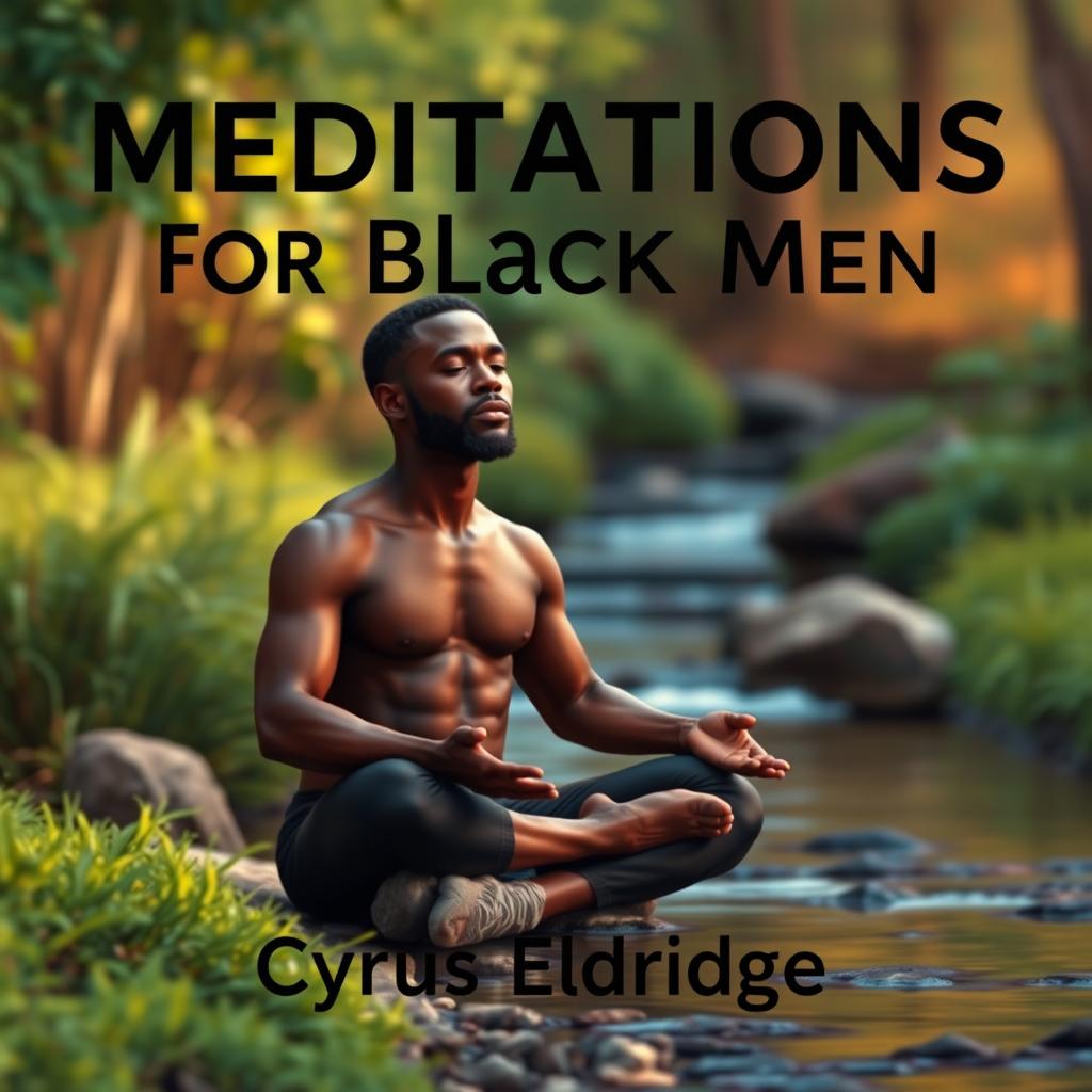 A striking, realistic thumbnail depicting a serene scene of a Black man sitting in a meditative pose, surrounded by lush greenery and a gentle stream