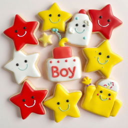A beautifully decorated array of sugar cookies designed for a birthday boy, featuring cheerful and colorful icing in shades of red, yellow, white, and touches of light blue