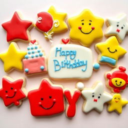 A beautifully decorated array of sugar cookies designed for a birthday boy, featuring cheerful and colorful icing in shades of red, yellow, white, and touches of light blue