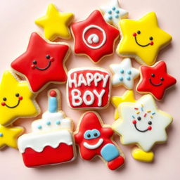 A beautifully decorated array of sugar cookies designed for a birthday boy, featuring cheerful and colorful icing in shades of red, yellow, white, and touches of light blue