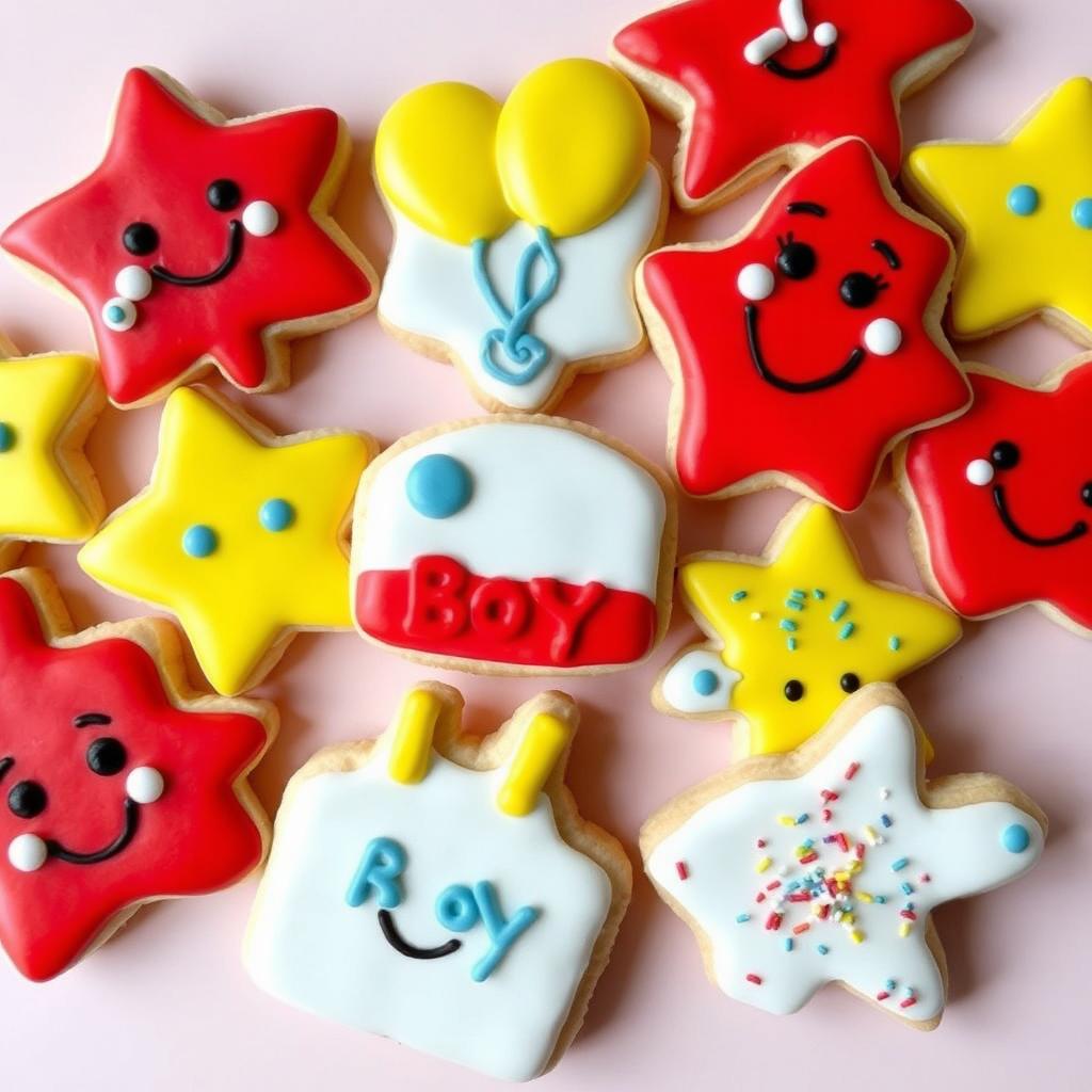 A beautifully decorated array of sugar cookies designed for a birthday boy, featuring cheerful and colorful icing in shades of red, yellow, white, and touches of light blue