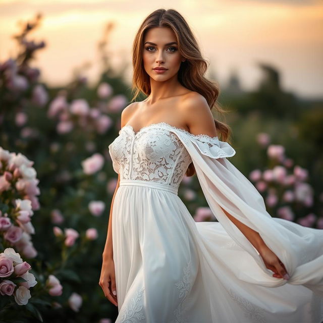 A stunning model posing elegantly in a flowing white dress, showcasing intricate lace details