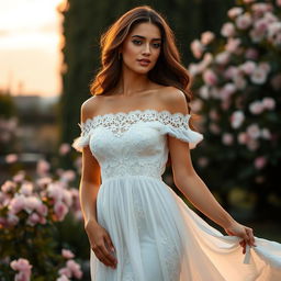 A stunning model posing elegantly in a flowing white dress, showcasing intricate lace details