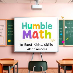 A flat book cover design depicting a realistic classroom scene featuring a whiteboard with colorful mathematical equations and playful educational visuals