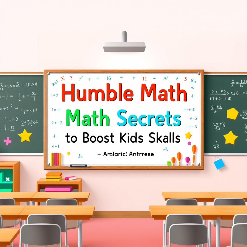 A flat book cover design depicting a realistic classroom scene featuring a whiteboard with colorful mathematical equations and playful educational visuals