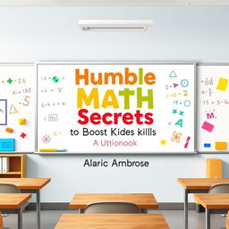 A flat book cover design depicting a realistic classroom scene featuring a whiteboard with colorful mathematical equations and playful educational visuals