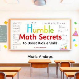 A flat book cover design depicting a realistic classroom scene featuring a whiteboard with colorful mathematical equations and playful educational visuals