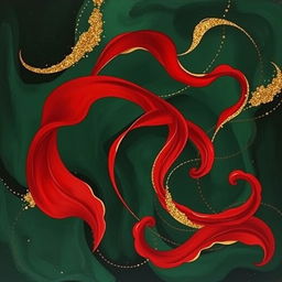 A beautiful abstract painting featuring rich dark green, deep red, and shimmering gold colors