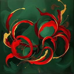 A beautiful abstract painting featuring rich dark green, deep red, and shimmering gold colors