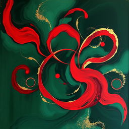 A beautiful abstract painting featuring rich dark green, deep red, and shimmering gold colors