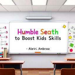 A realistic classroom scene featuring a whiteboard with colorful mathematical equations and playful educational visuals