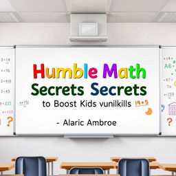 A realistic classroom scene featuring a whiteboard with colorful mathematical equations and playful educational visuals