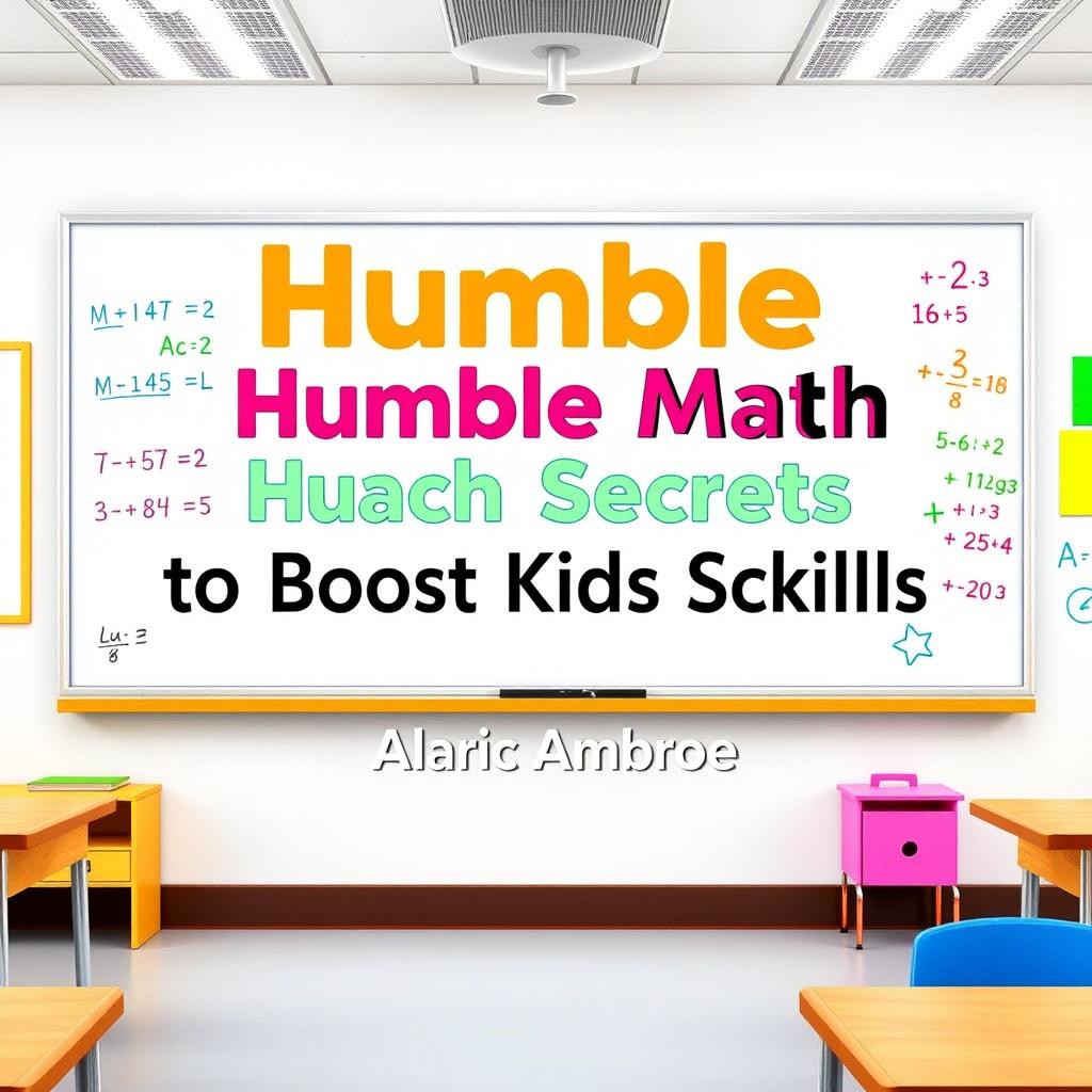 A realistic classroom scene featuring a whiteboard with colorful mathematical equations and playful educational visuals