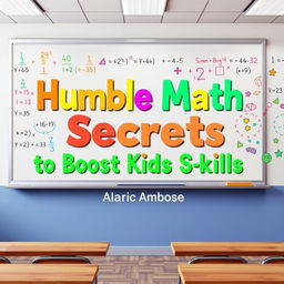 A realistic classroom scene featuring a whiteboard with colorful mathematical equations and playful educational visuals