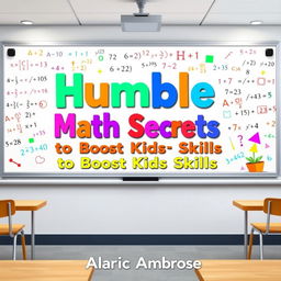 A realistic classroom scene featuring a large whiteboard filled with colorful mathematical equations and playful educational visuals
