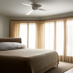 A detailed front-view of a room, showcasing a king-sized bed, a window adorned with curtains, with an emphasis on intricate interior design elements