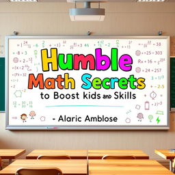 A realistic classroom scene featuring a large whiteboard filled with colorful mathematical equations and playful educational visuals