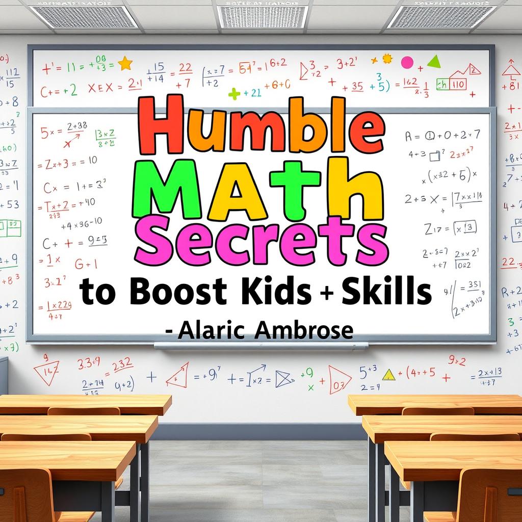 A realistic classroom scene featuring a large whiteboard filled with colorful mathematical equations and playful educational visuals