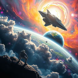 A breathtaking space exploration scene for a sci-fi book cover, featuring a large, vivid spaceship soaring through a colorful nebula filled with swirling gases and sparkling stars