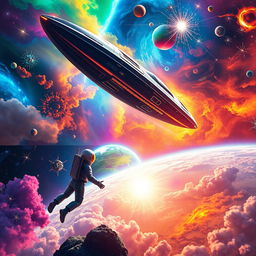 A breathtaking space exploration scene for a sci-fi book cover, featuring a large, vivid spaceship soaring through a colorful nebula filled with swirling gases and sparkling stars