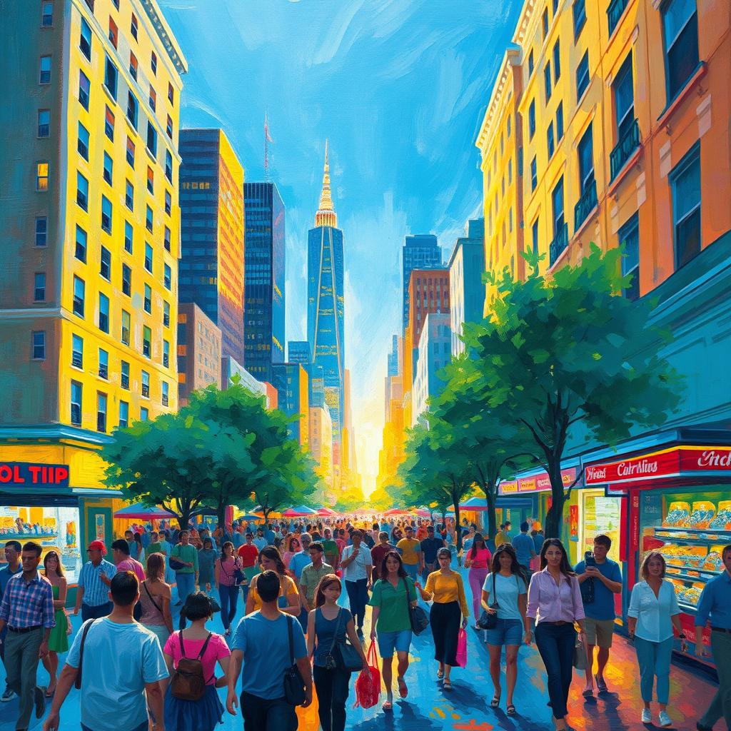 An impressionist style painting depicting a vibrant, bustling cityscape