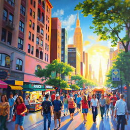 An impressionist style painting depicting a vibrant, bustling cityscape
