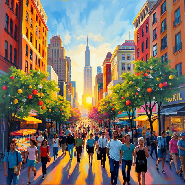 An impressionist style painting depicting a vibrant, bustling cityscape