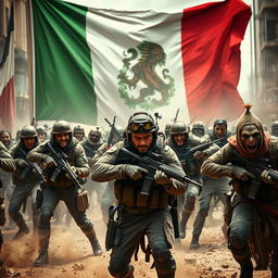 A dramatic scene featuring the Italian flag prominently displayed in the background, with soldiers in modern military gear engaged in combat against a horde of zombies