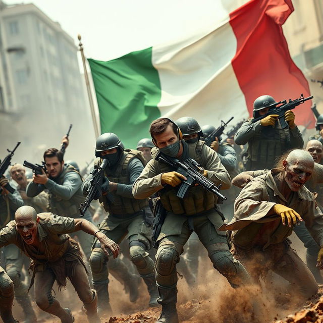 A dramatic scene featuring the Italian flag prominently displayed in the background, with soldiers in modern military gear engaged in combat against a horde of zombies