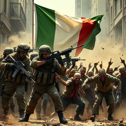 A dramatic scene featuring the Italian flag prominently displayed in the background, with soldiers in modern military gear engaged in combat against a horde of zombies