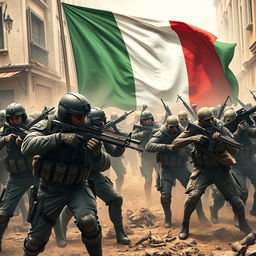A dramatic scene featuring the Italian flag prominently displayed in the background, with soldiers in modern military gear engaged in combat against a horde of zombies
