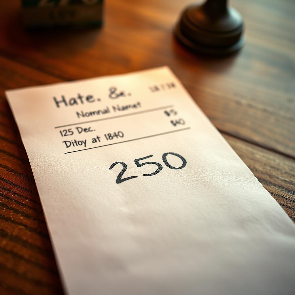 A close-up of a realistic receipt on a wooden table, featuring the details changed: the date is prominently displayed as "25 Dec" and the time as "18:40"