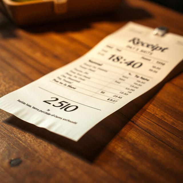 A close-up of a realistic receipt on a wooden table, featuring the details changed: the date is prominently displayed as "25 Dec" and the time as "18:40"