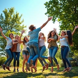 A joyful scene depicting a group of people joyfully hugging and jumping together in a sunny, outdoor setting