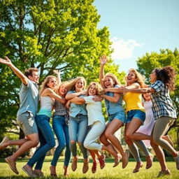 A joyful scene depicting a group of people joyfully hugging and jumping together in a sunny, outdoor setting