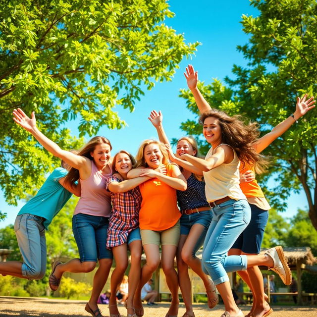 A joyful scene depicting a group of people joyfully hugging and jumping together in a sunny, outdoor setting