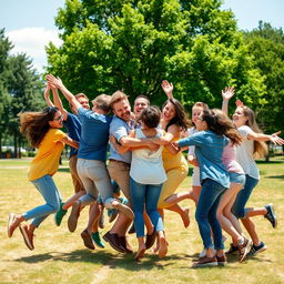 A joyful scene depicting a group of people joyfully hugging and jumping together in a sunny, outdoor setting