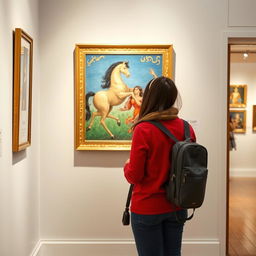 A beautifully designed interior of an art gallery, featuring a visitor standing next to a bag, gazing intently at a vibrant Iranian miniaturist painting on the wall