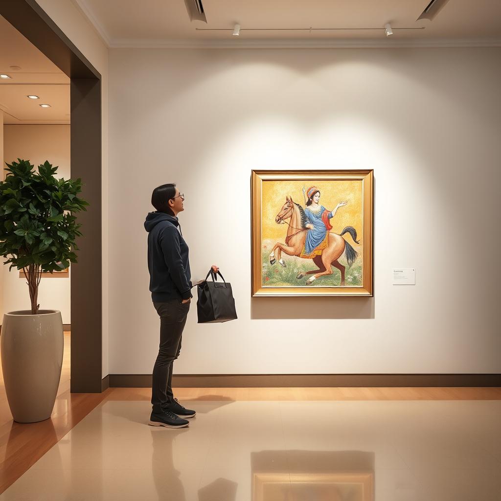 A beautifully designed interior of an art gallery, featuring a visitor standing next to a bag, gazing intently at a vibrant Iranian miniaturist painting on the wall