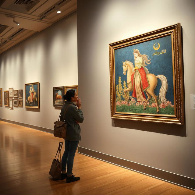 A beautifully designed interior of an art gallery, featuring a visitor standing next to a bag, gazing intently at a vibrant Iranian miniaturist painting on the wall