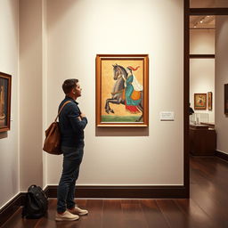A beautifully designed interior of an art gallery, featuring a visitor standing next to a bag, gazing intently at a vibrant Iranian miniaturist painting on the wall