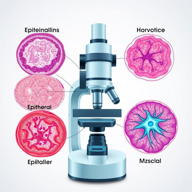 A detailed illustration of medical histology, showcasing various types of human tissue samples under a microscope