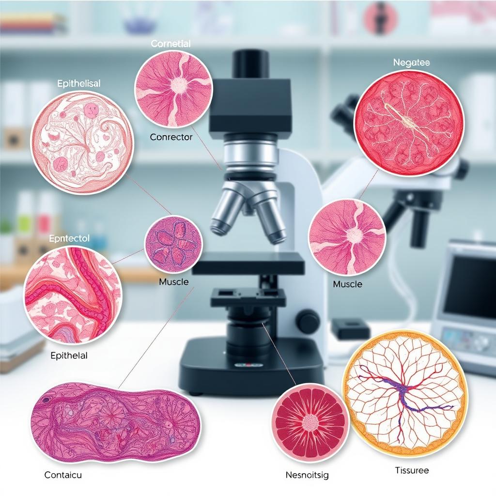 A detailed illustration of medical histology, showcasing various types of human tissue samples under a microscope