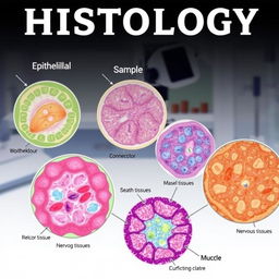 A detailed illustration of medical histology, showcasing various types of human tissue samples under a microscope