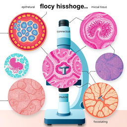 A detailed illustration of medical histology, showcasing various types of human tissue samples under a microscope