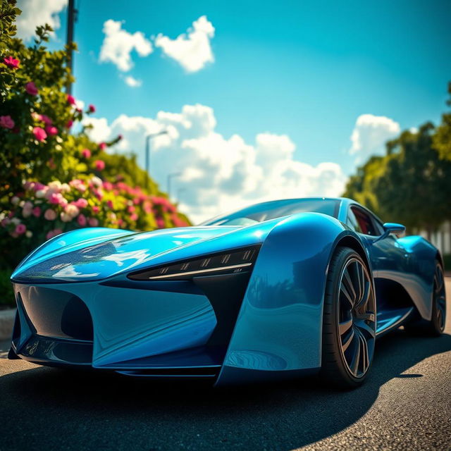 a sleek, futuristic sports car, shiny metallic blue paint, parked on a sunlit street surrounded by vibrant greenery and blooming flowers, the car reflects the sun, showcasing its aerodynamic design with smooth curves and sharp angles, a clear blue sky in the background with fluffy white clouds, capturing a perfect mid-afternoon light that emphasizes the car's details like the headlights and tires, emphasizing luxury and speed, cinematic feel