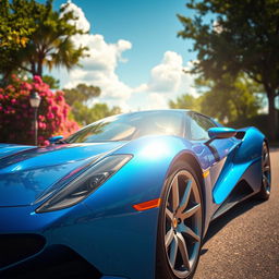 a sleek, futuristic sports car, shiny metallic blue paint, parked on a sunlit street surrounded by vibrant greenery and blooming flowers, the car reflects the sun, showcasing its aerodynamic design with smooth curves and sharp angles, a clear blue sky in the background with fluffy white clouds, capturing a perfect mid-afternoon light that emphasizes the car's details like the headlights and tires, emphasizing luxury and speed, cinematic feel